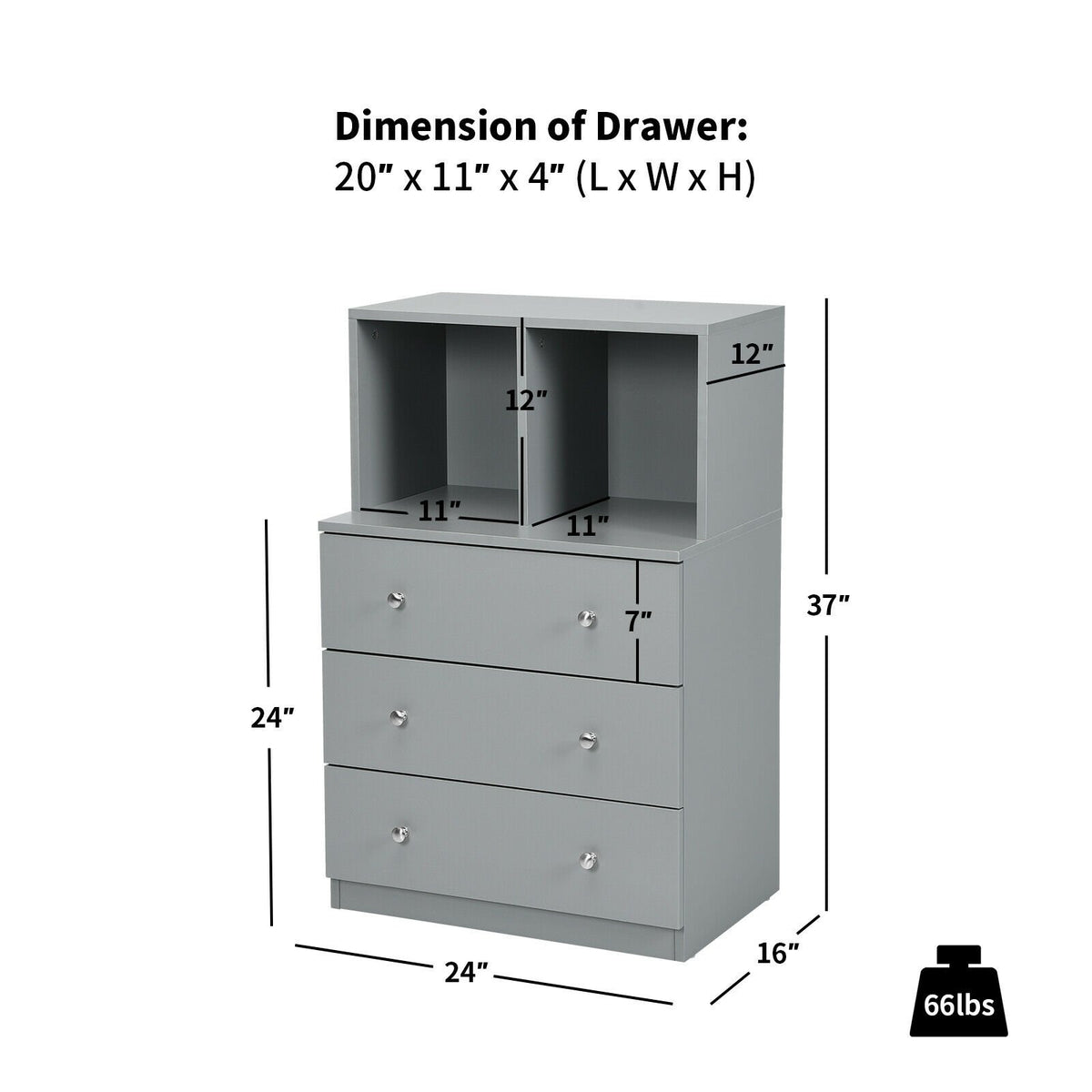 3 Drawer Dresser with Cubbies Storage Chest for Bedroom Living Room-Gray view 5