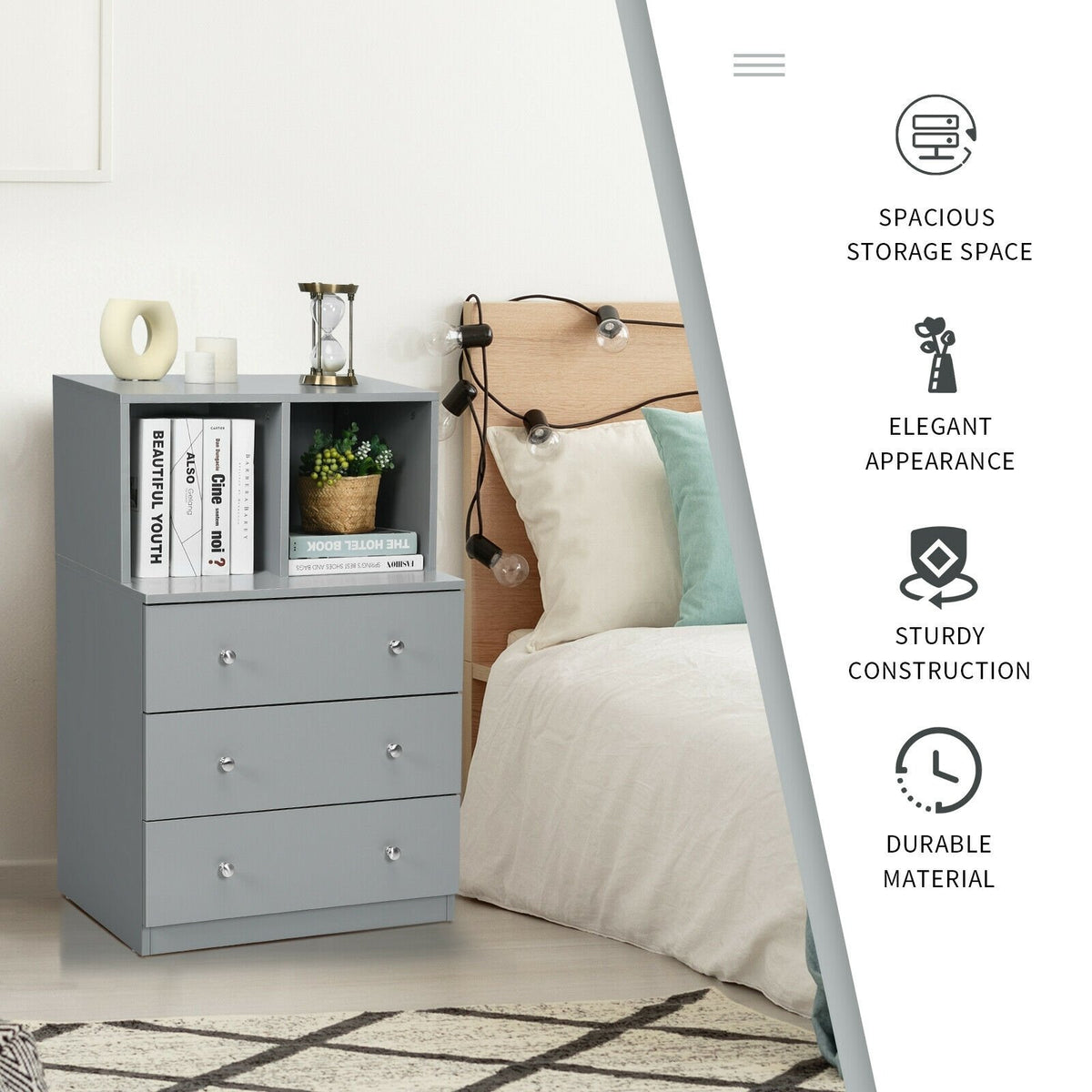 3 Drawer Dresser with Cubbies Storage Chest for Bedroom Living Room-Gray view 6