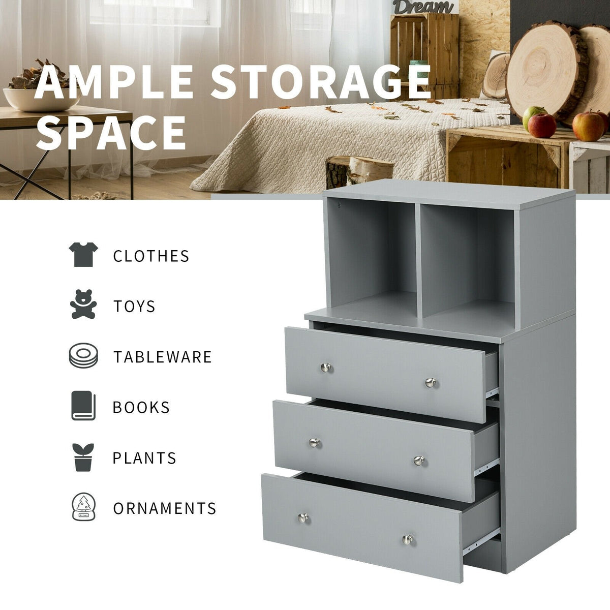 3 Drawer Dresser with Cubbies Storage Chest for Bedroom Living Room-Gray view 7