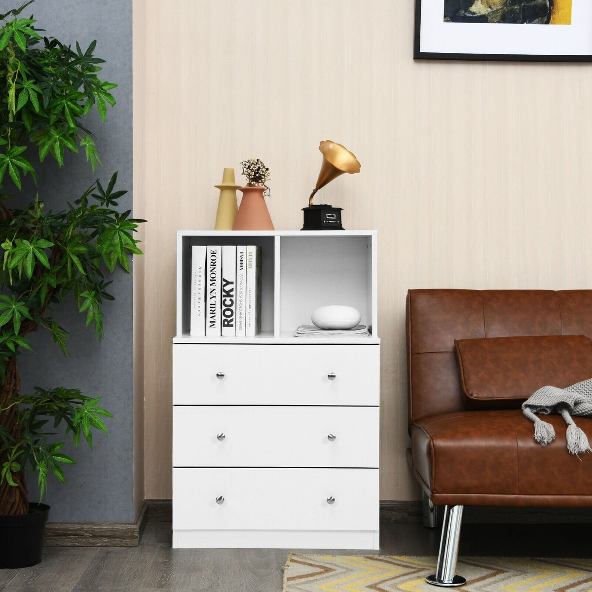 3 Drawer Dresser with Cubbies Storage Chest for Bedroom Living Room-White view 2