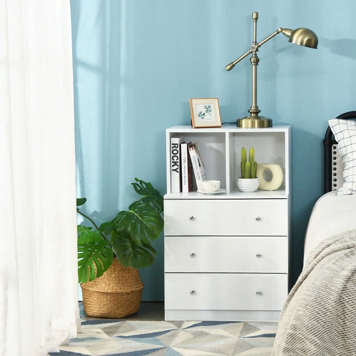 3 Drawer Dresser with Cubbies Storage Chest for Bedroom Living Room-White view 3