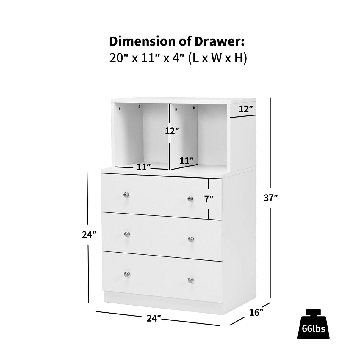 3 Drawer Dresser with Cubbies Storage Chest for Bedroom Living Room-White view 5