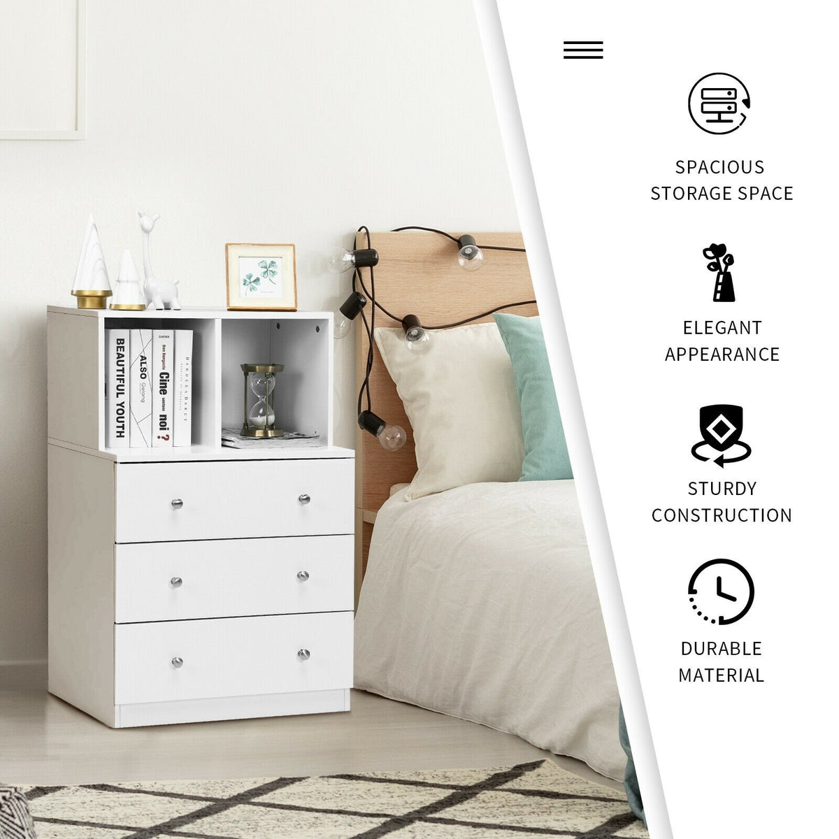 3 Drawer Dresser with Cubbies Storage Chest for Bedroom Living Room-White view 6