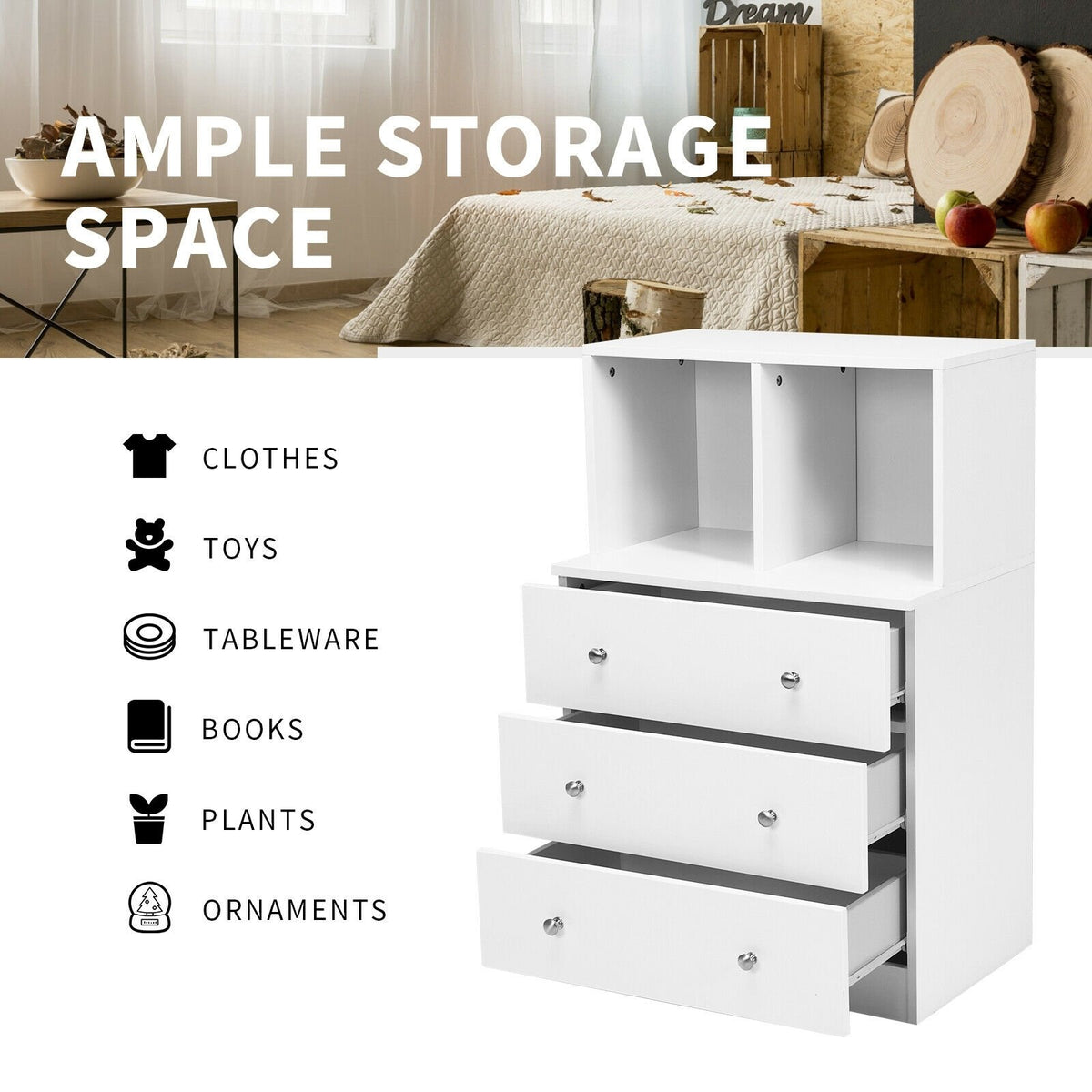 3 Drawer Dresser with Cubbies Storage Chest for Bedroom Living Room-White view 7