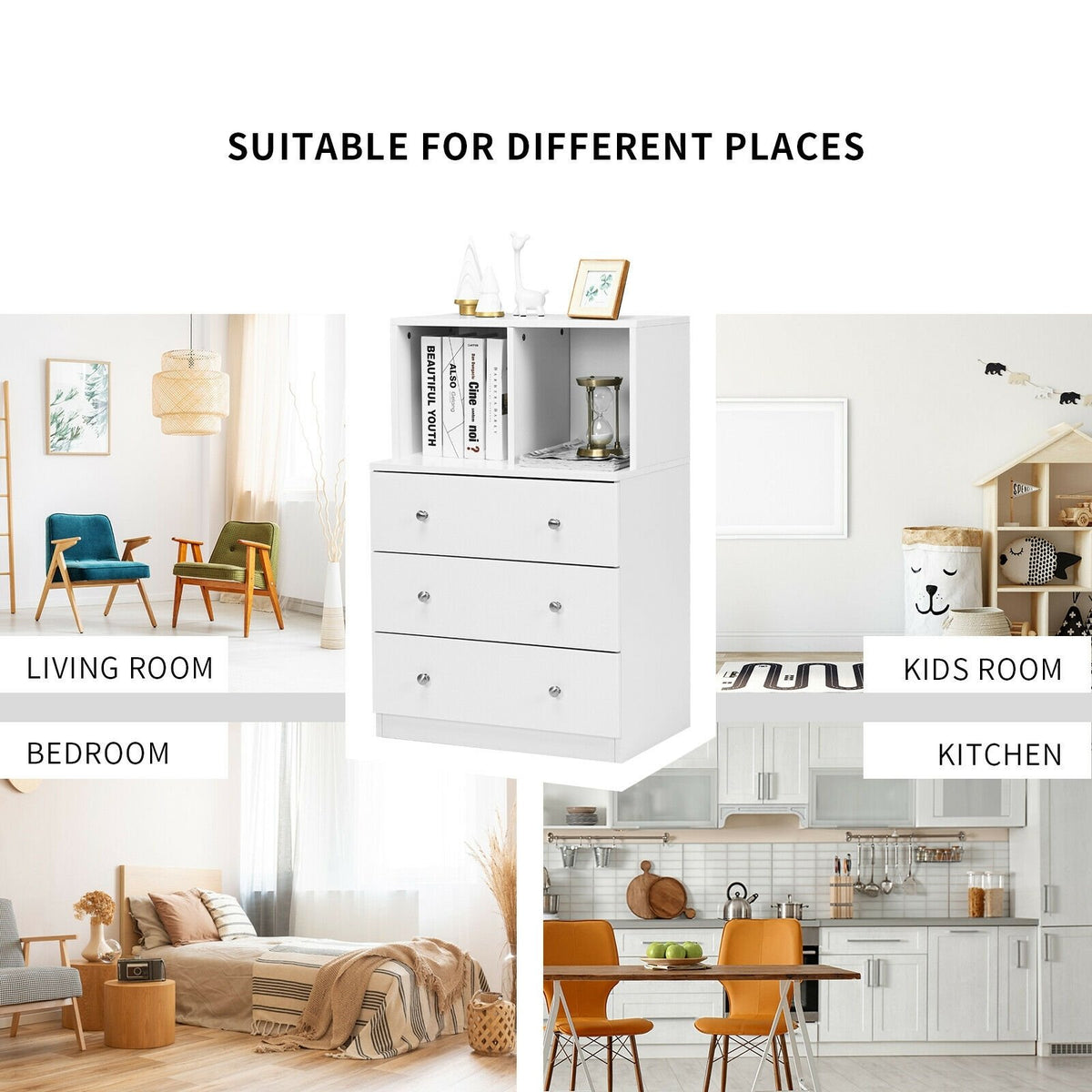 3 Drawer Dresser with Cubbies Storage Chest for Bedroom Living Room-White view 8