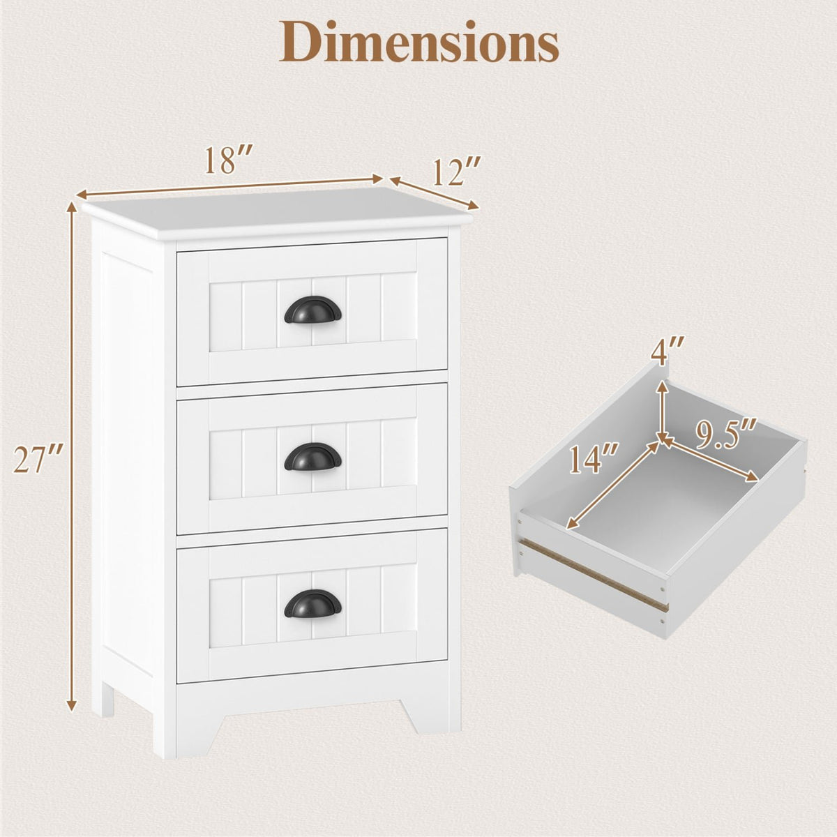 3-Drawer End Storage Wood Side Nightstand-White view 5