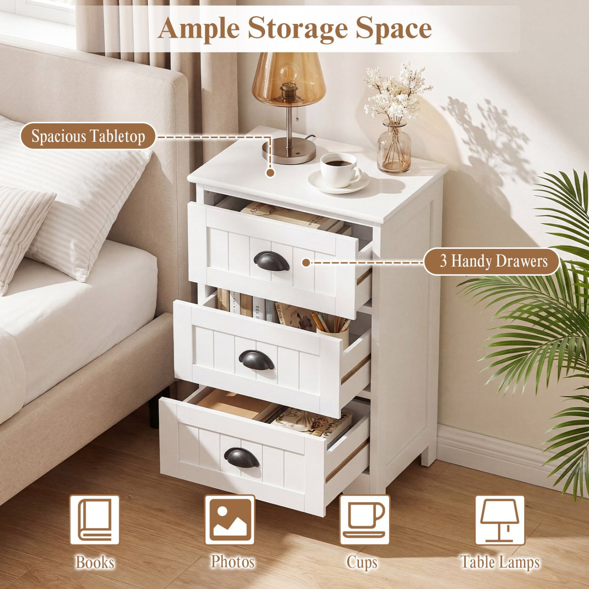 3-Drawer End Storage Wood Side Nightstand-White view 6