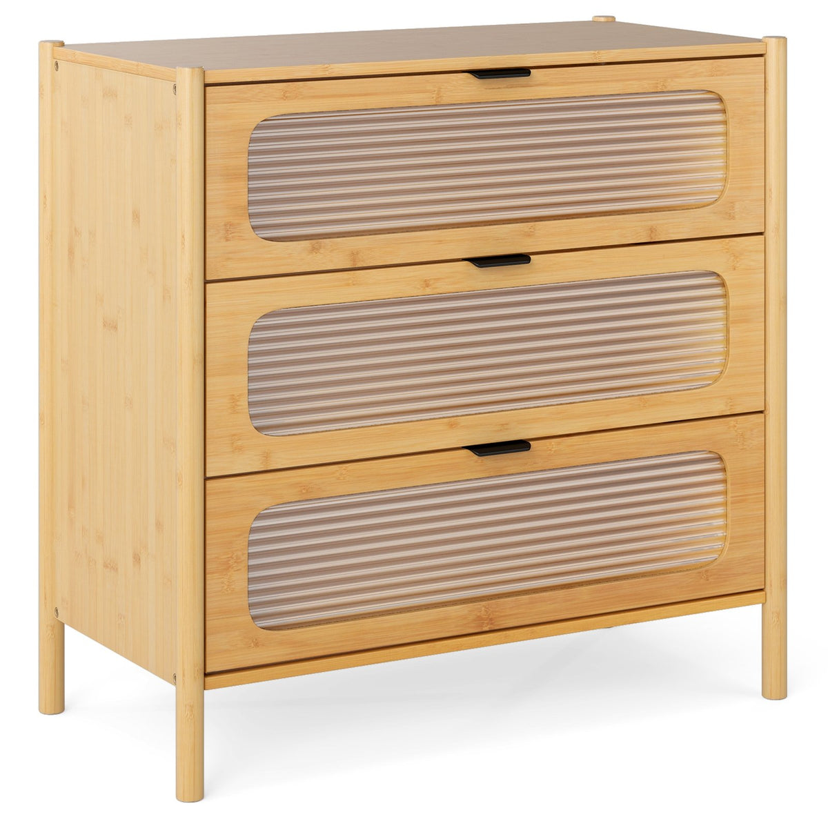 3 Drawer Mid Century Modern Chest of Drawers with Reeded Tempered Glass Front-Natural