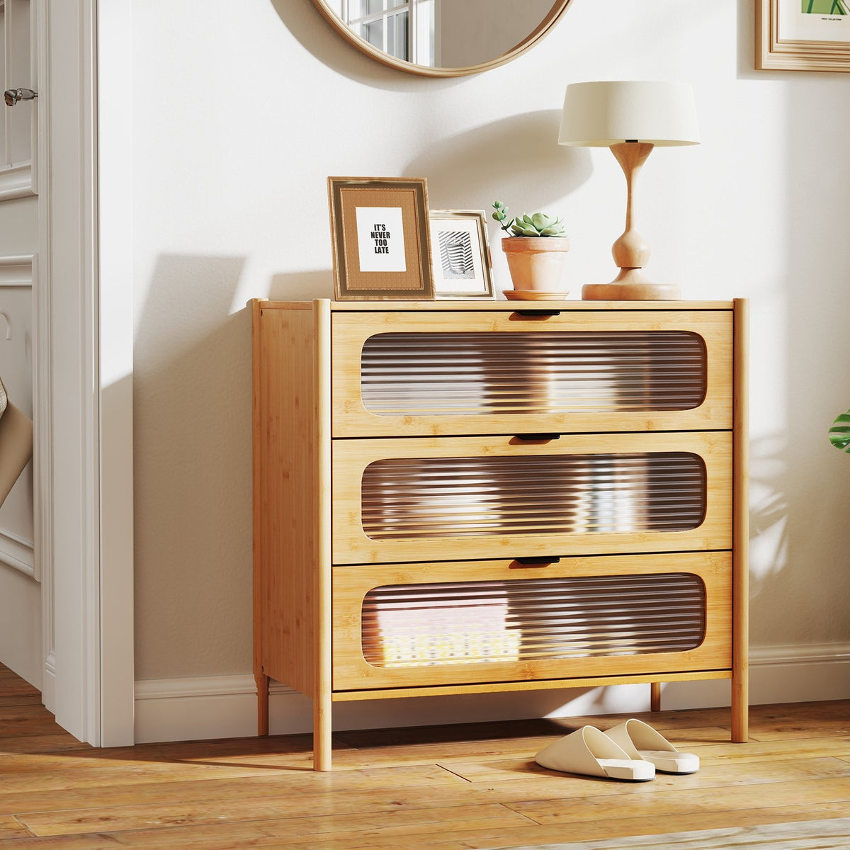 3 Drawer Mid Century Modern Chest of Drawers with Reeded Tempered Glass Front-Natural view 2