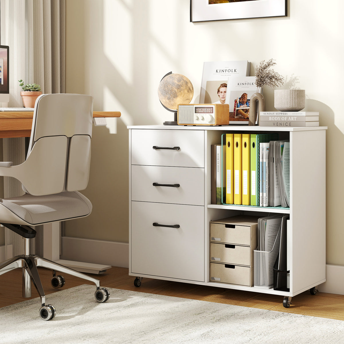 3-Drawer Mobile File Cabinet with Open Storage Shelves and Wheels for Letter A4 Size-White view 2
