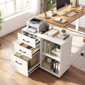 3-Drawer Mobile File Cabinet with Open Storage Shelves and Wheels for Letter A4 Size-White view 3