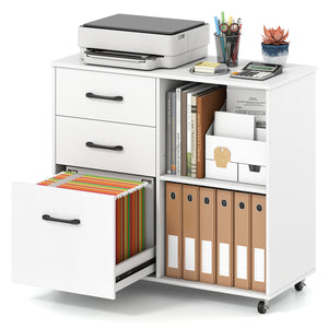 3-Drawer Mobile File Cabinet with Open Storage Shelves and Wheels for Letter A4 Size-White view 4