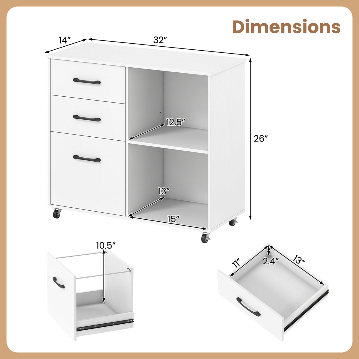 3-Drawer Mobile File Cabinet with Open Storage Shelves and Wheels for Letter A4 Size-White view 5