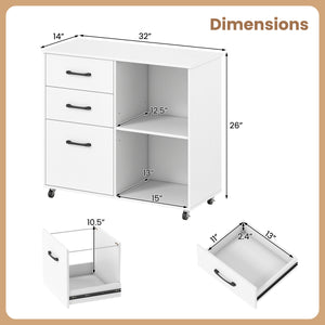 3-Drawer Mobile File Cabinet with Open Storage Shelves and Wheels for Letter A4 Size-White view 5