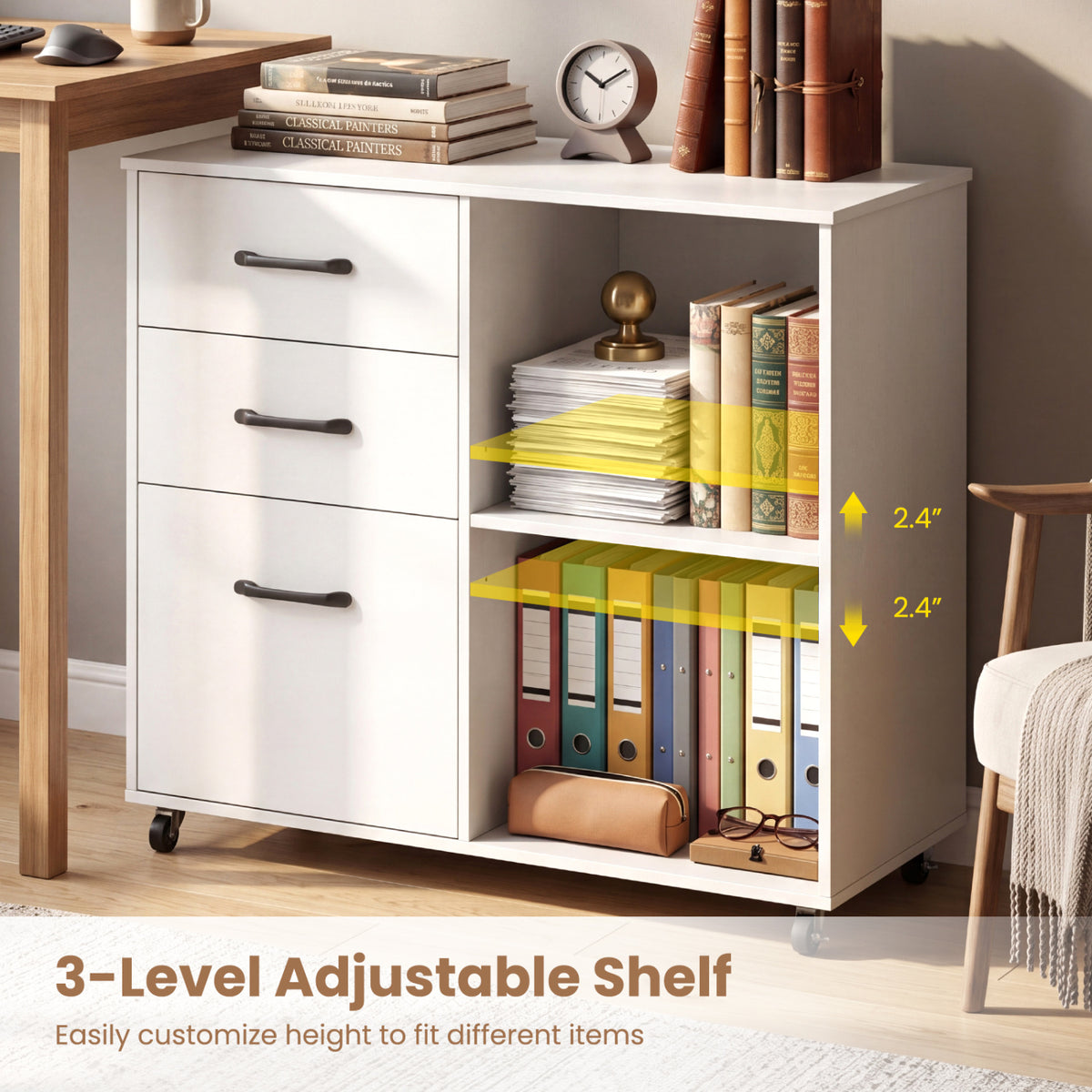 3-Drawer Mobile File Cabinet with Open Storage Shelves and Wheels for Letter A4 Size-White view 9