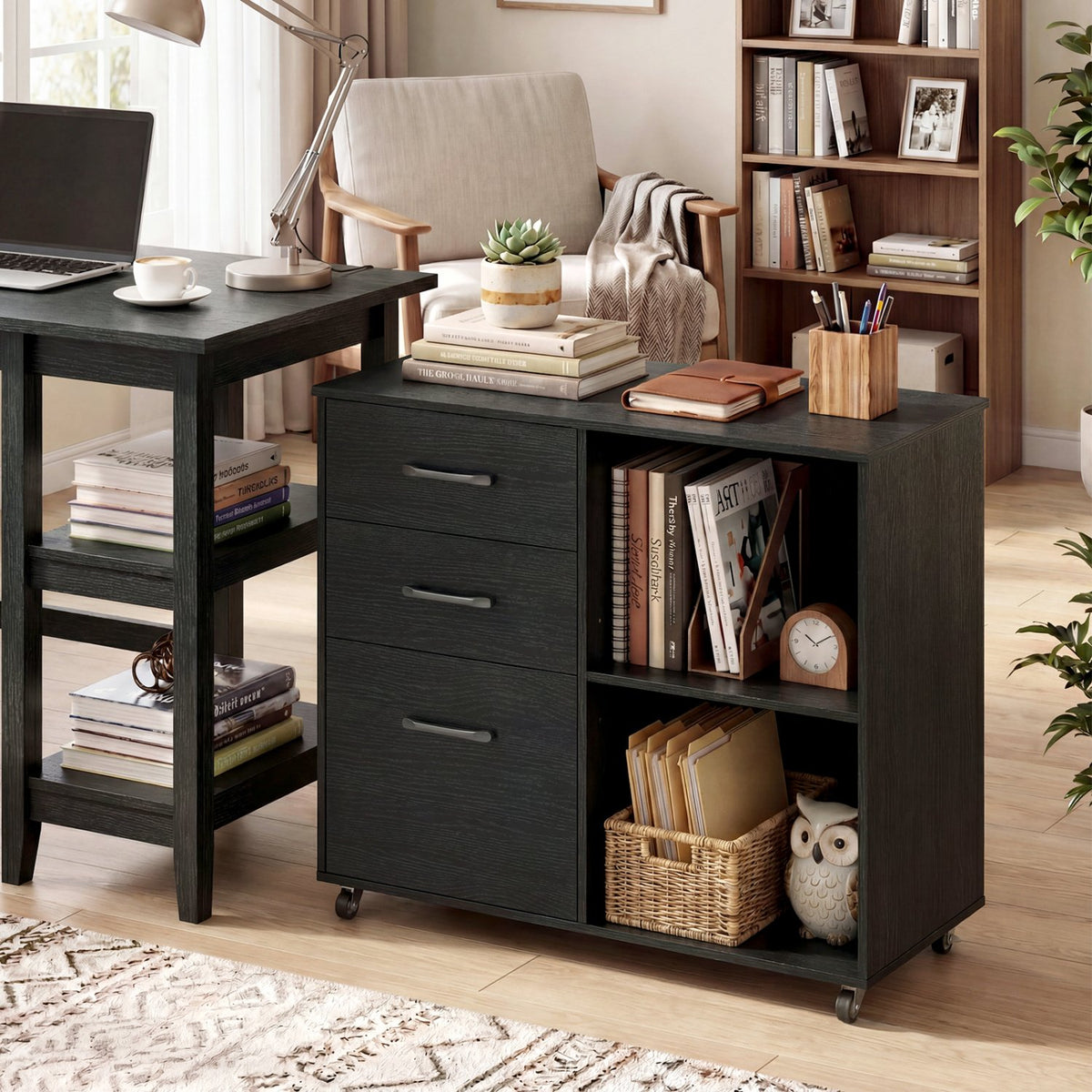 3-Drawer Mobile Lateral File Cabinet Printer Stand-Black view 2