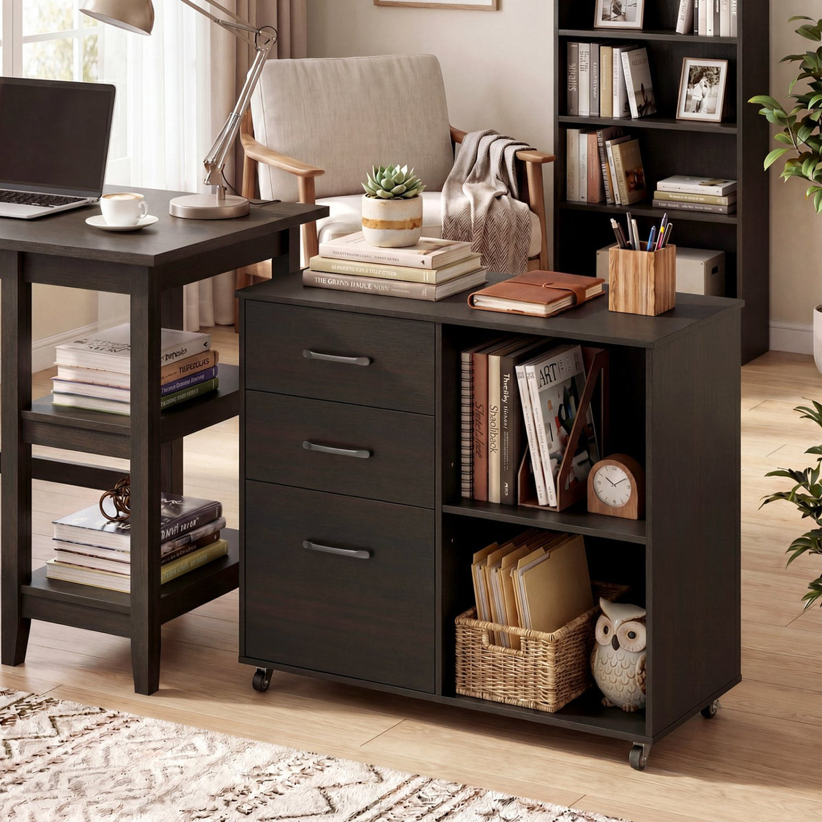3-Drawer Mobile Lateral File Cabinet Printer Stand-Espresso view 2