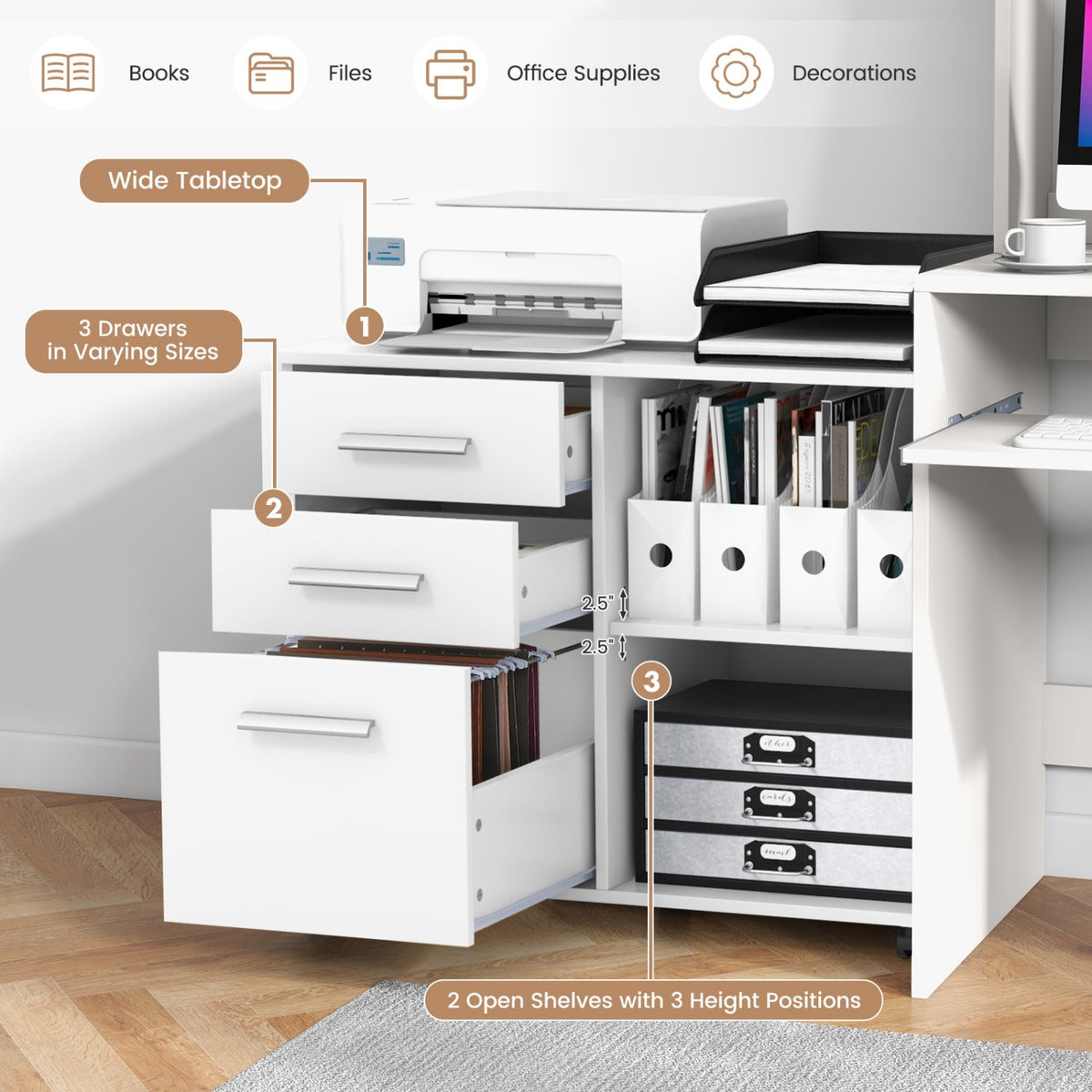 3-Drawer Mobile Lateral File Cabinet Printer Stand-White view 7