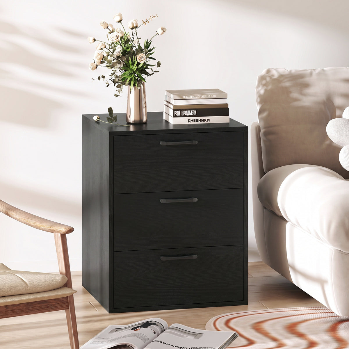 3 Drawer Nightstand with Wood Grain Finish and Storage for Living Room Bedroom Study-Black view 2