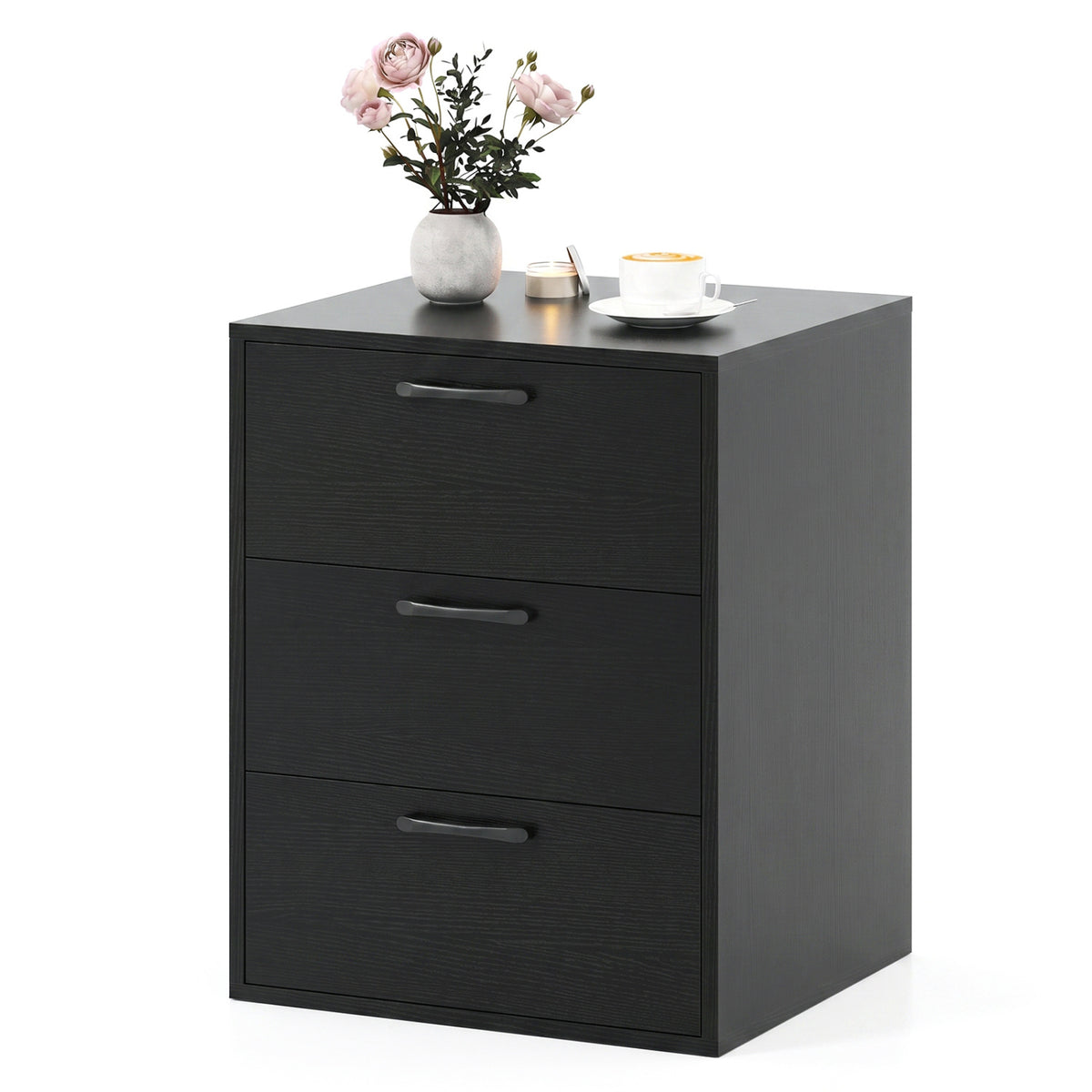3 Drawer Nightstand with Wood Grain Finish and Storage for Living Room Bedroom Study-Black view 4
