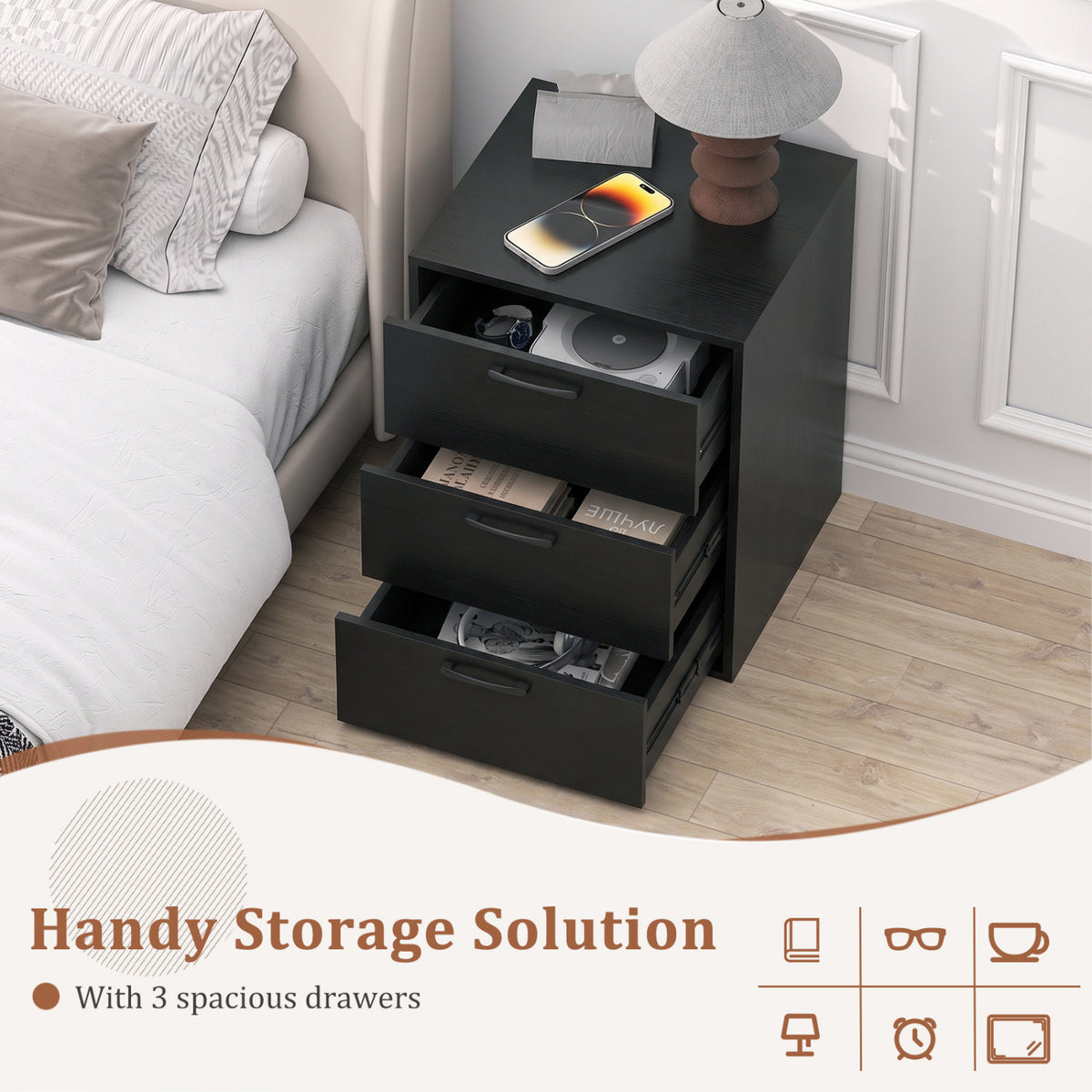3 Drawer Nightstand with Wood Grain Finish and Storage for Living Room Bedroom Study-Black view 6