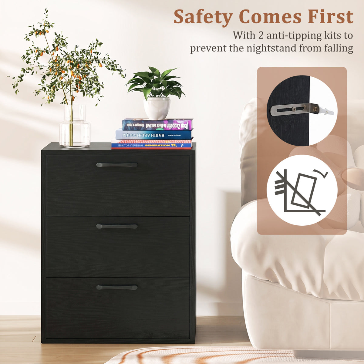 3 Drawer Nightstand with Wood Grain Finish and Storage for Living Room Bedroom Study-Black view 7