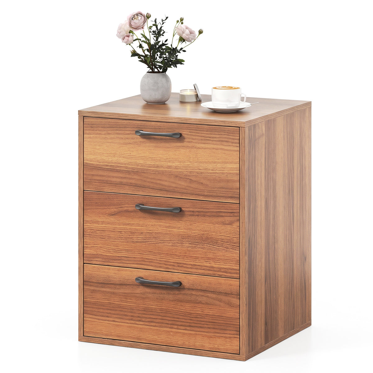 3 Drawer Nightstand with Wood Grain Finish and Storage for Living Room Bedroom Study-Walnut