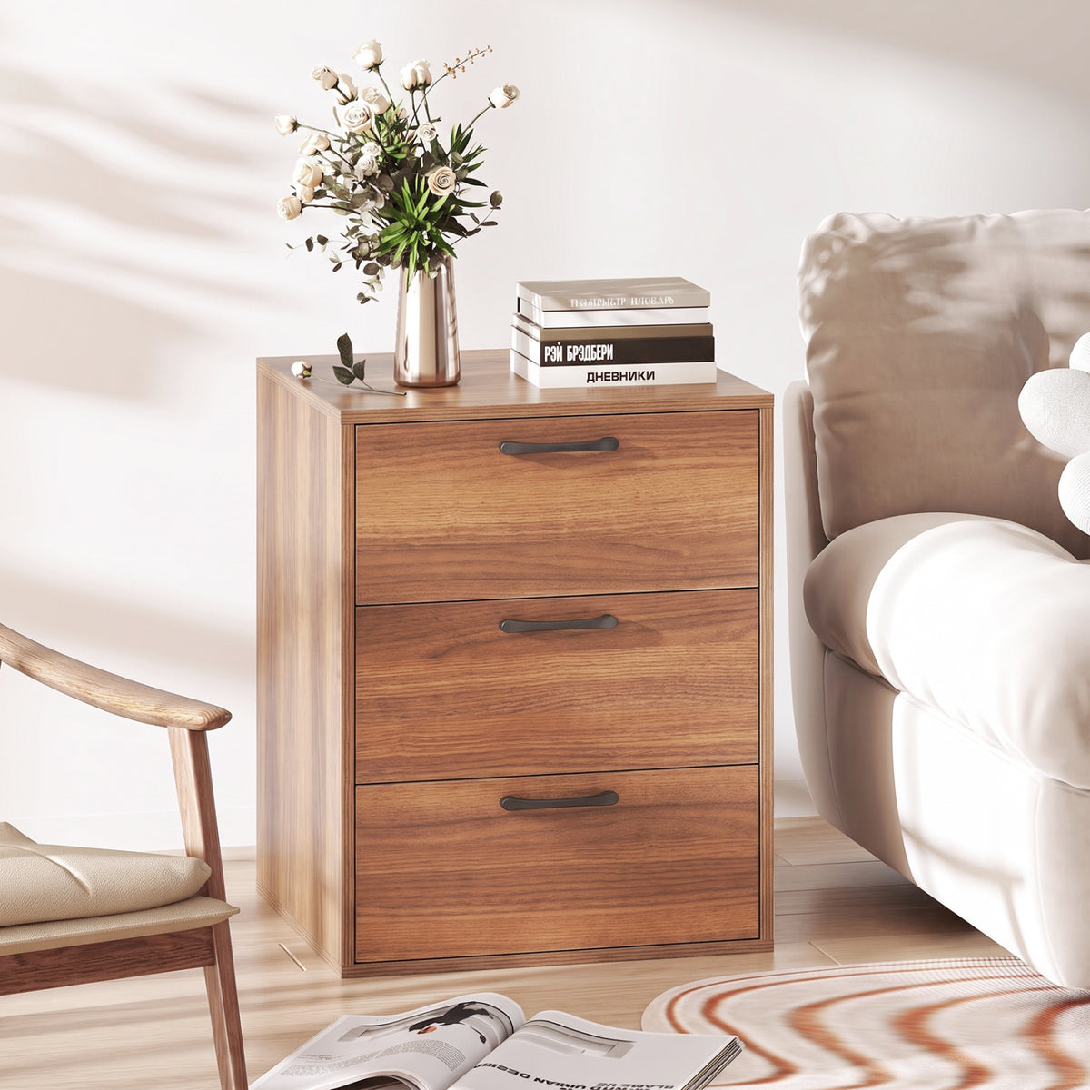 3 Drawer Nightstand with Wood Grain Finish and Storage for Living Room Bedroom Study-Walnut view 2