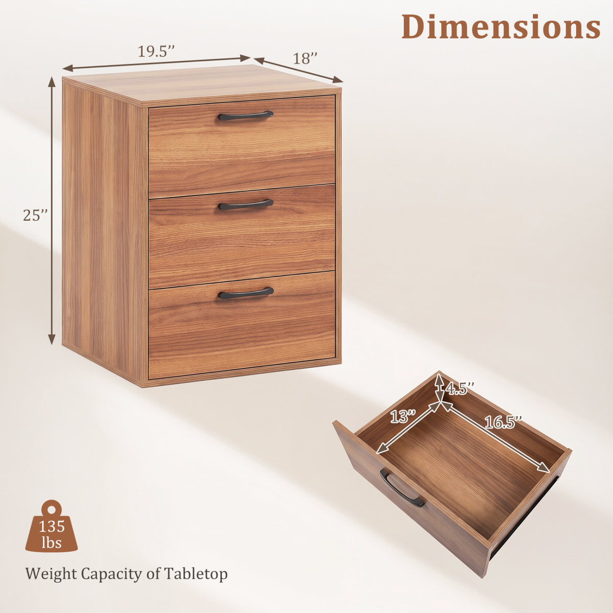 3 Drawer Nightstand with Wood Grain Finish and Storage for Living Room Bedroom Study-Walnut view 5
