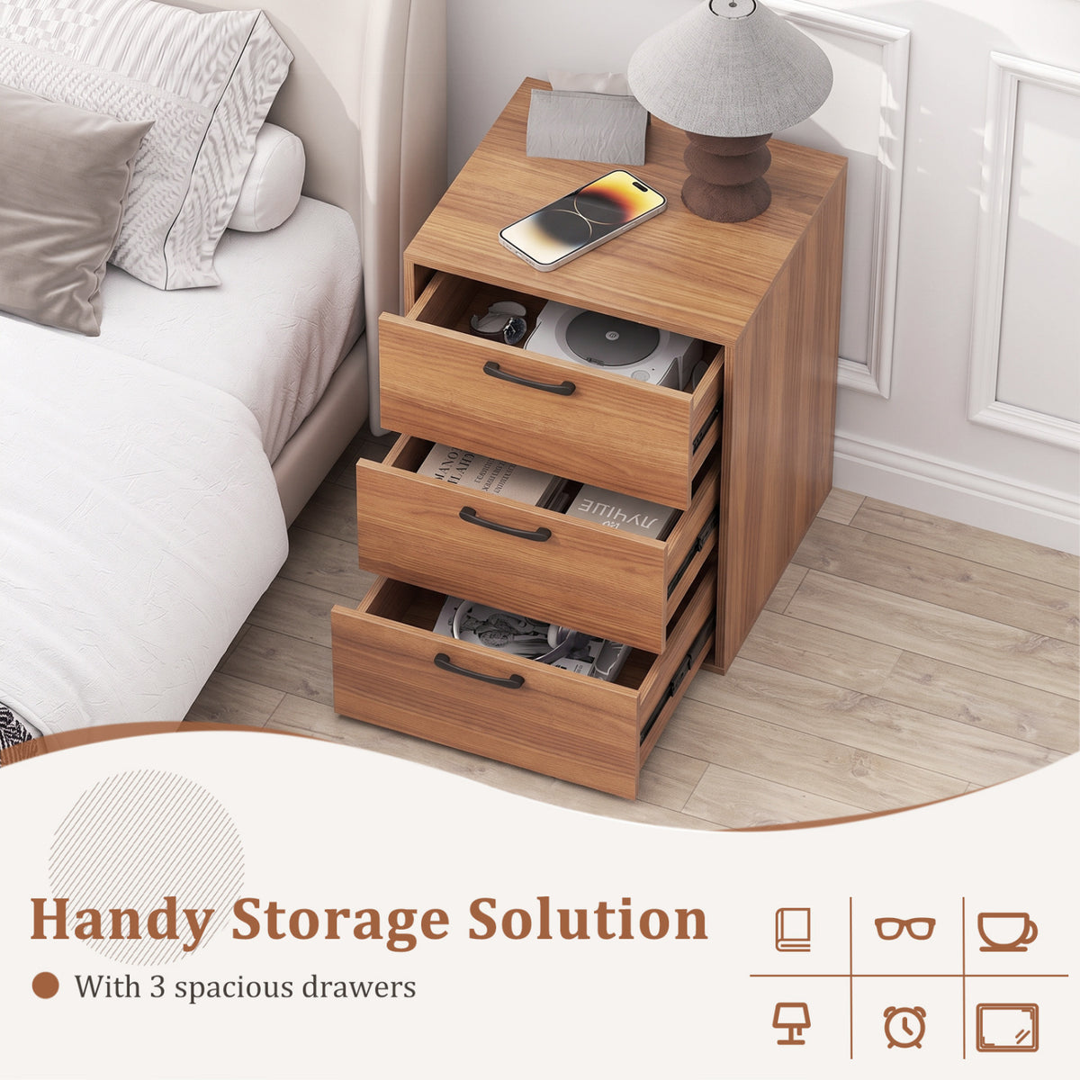 3 Drawer Nightstand with Wood Grain Finish and Storage for Living Room Bedroom Study-Walnut view 6
