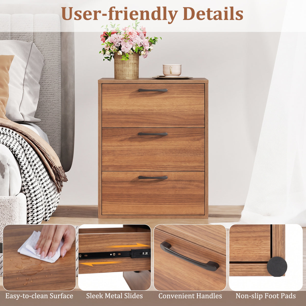 3 Drawer Nightstand with Wood Grain Finish and Storage for Living Room Bedroom Study-Walnut view 8
