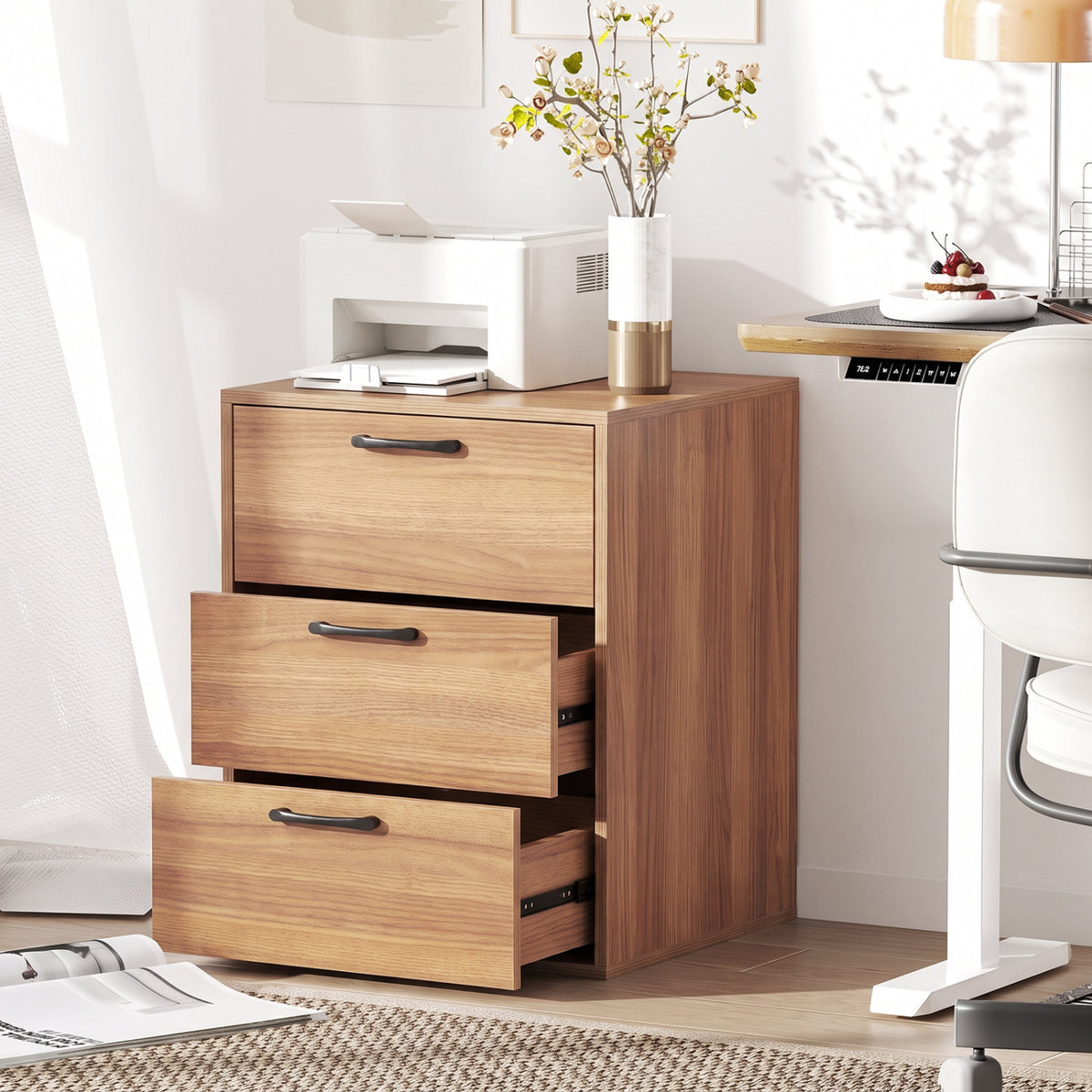 3 Drawer Nightstand with Wood Grain Finish and Storage for Living Room Bedroom Study-Walnut view 9