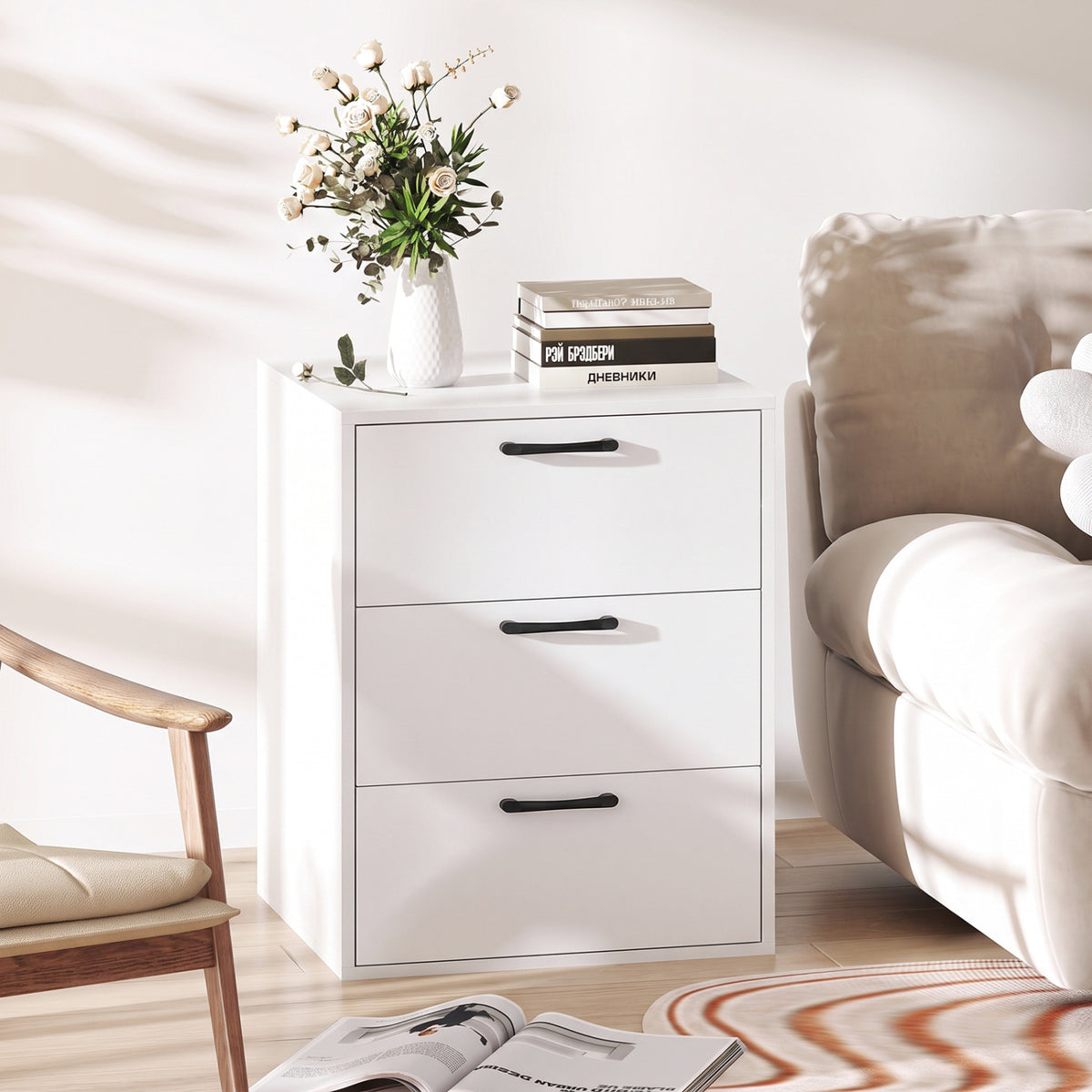 3 Drawer Nightstand with Wood Grain Finish and Storage for Living Room Bedroom Study-White view 2