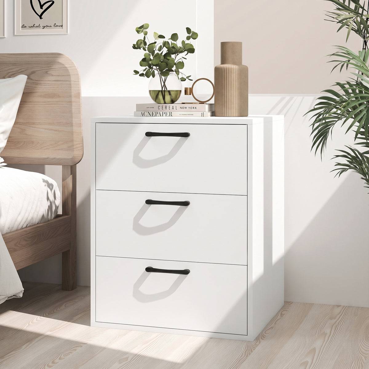 3 Drawer Nightstand with Wood Grain Finish and Storage for Living Room Bedroom Study-White view 3