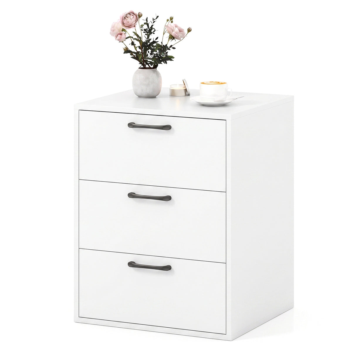 3 Drawer Nightstand with Wood Grain Finish and Storage for Living Room Bedroom Study-White view 4