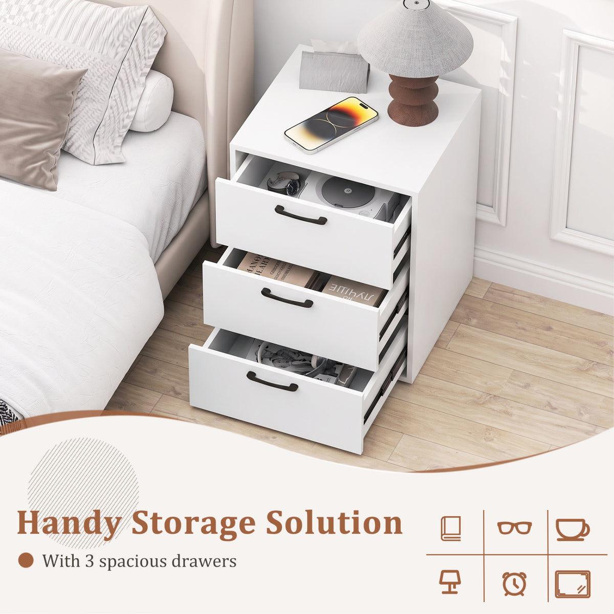 3 Drawer Nightstand with Wood Grain Finish and Storage for Living Room Bedroom Study-White view 6
