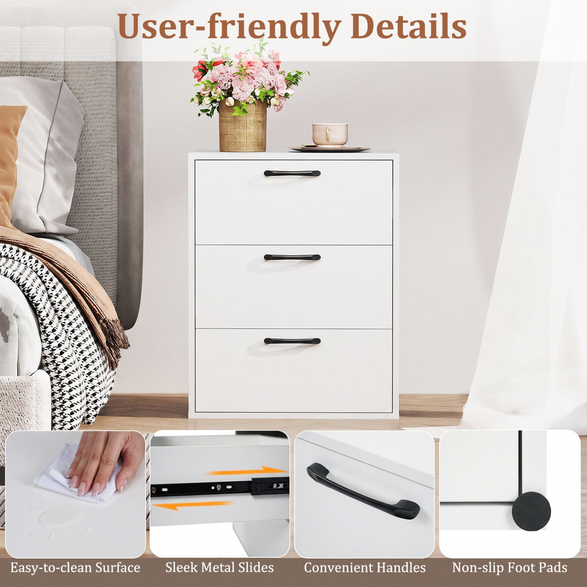 3 Drawer Nightstand with Wood Grain Finish and Storage for Living Room Bedroom Study-White view 8