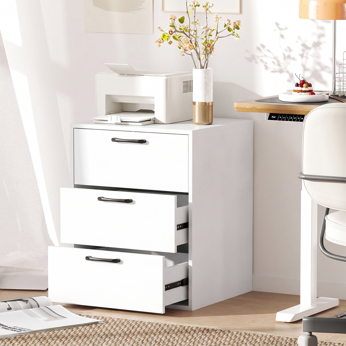 3 Drawer Nightstand with Wood Grain Finish and Storage for Living Room Bedroom Study-White view 9