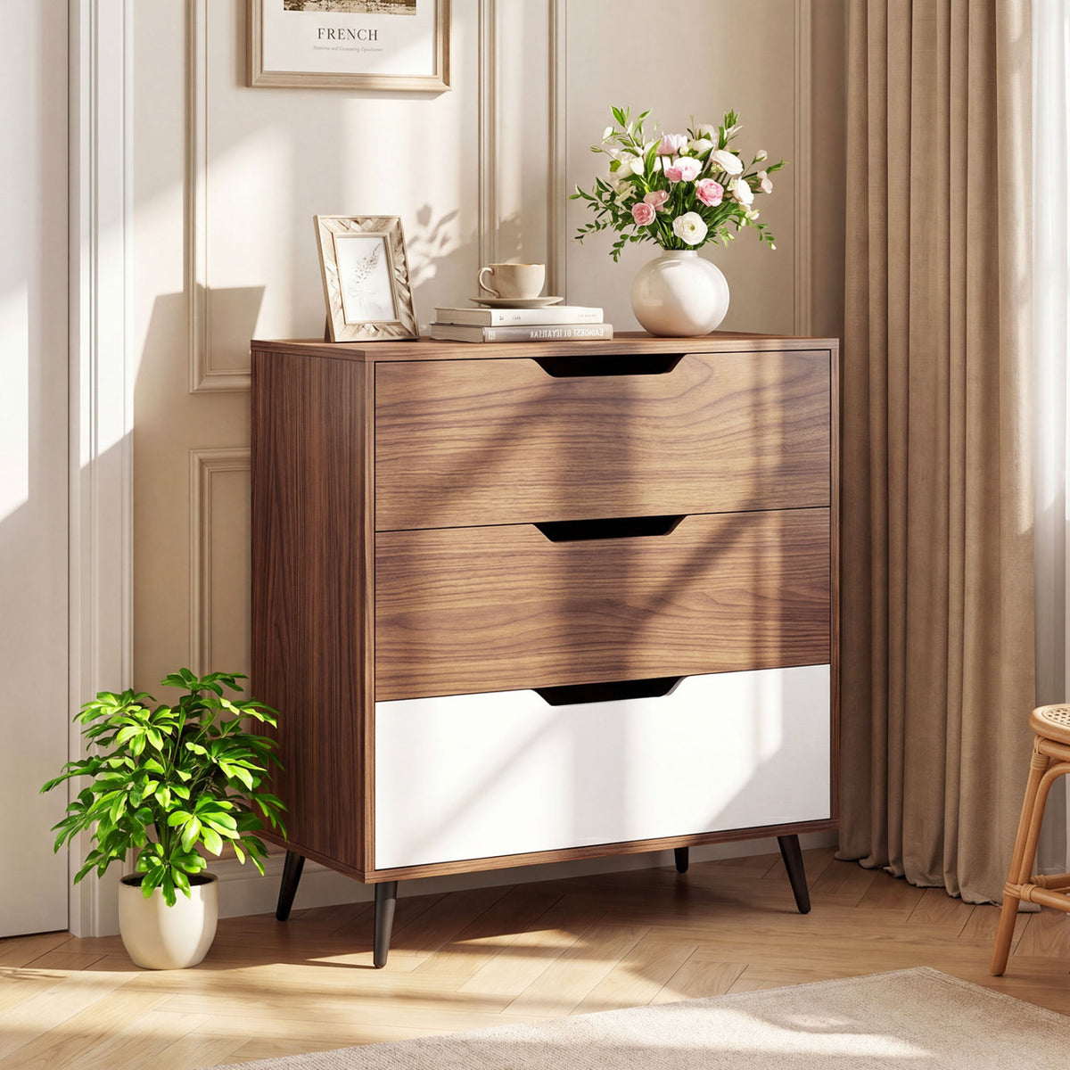 3-Drawer Rustic Farmhouse Wooden Storage Dresser-Walnut view 3