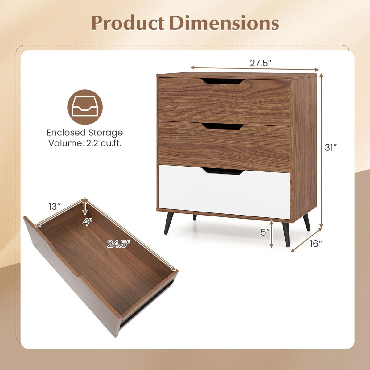 3-Drawer Rustic Farmhouse Wooden Storage Dresser-Walnut view 5