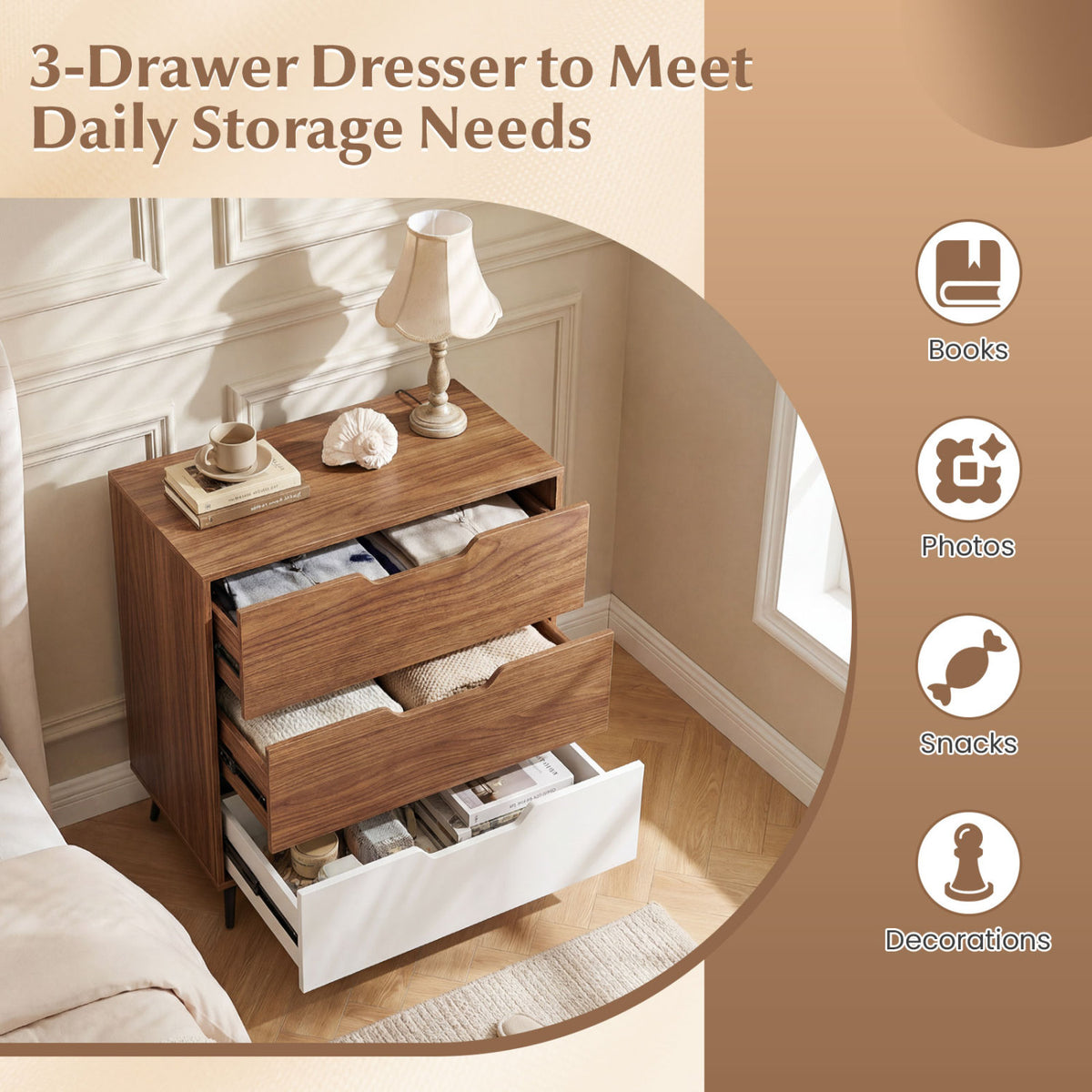 3-Drawer Rustic Farmhouse Wooden Storage Dresser-Walnut view 6