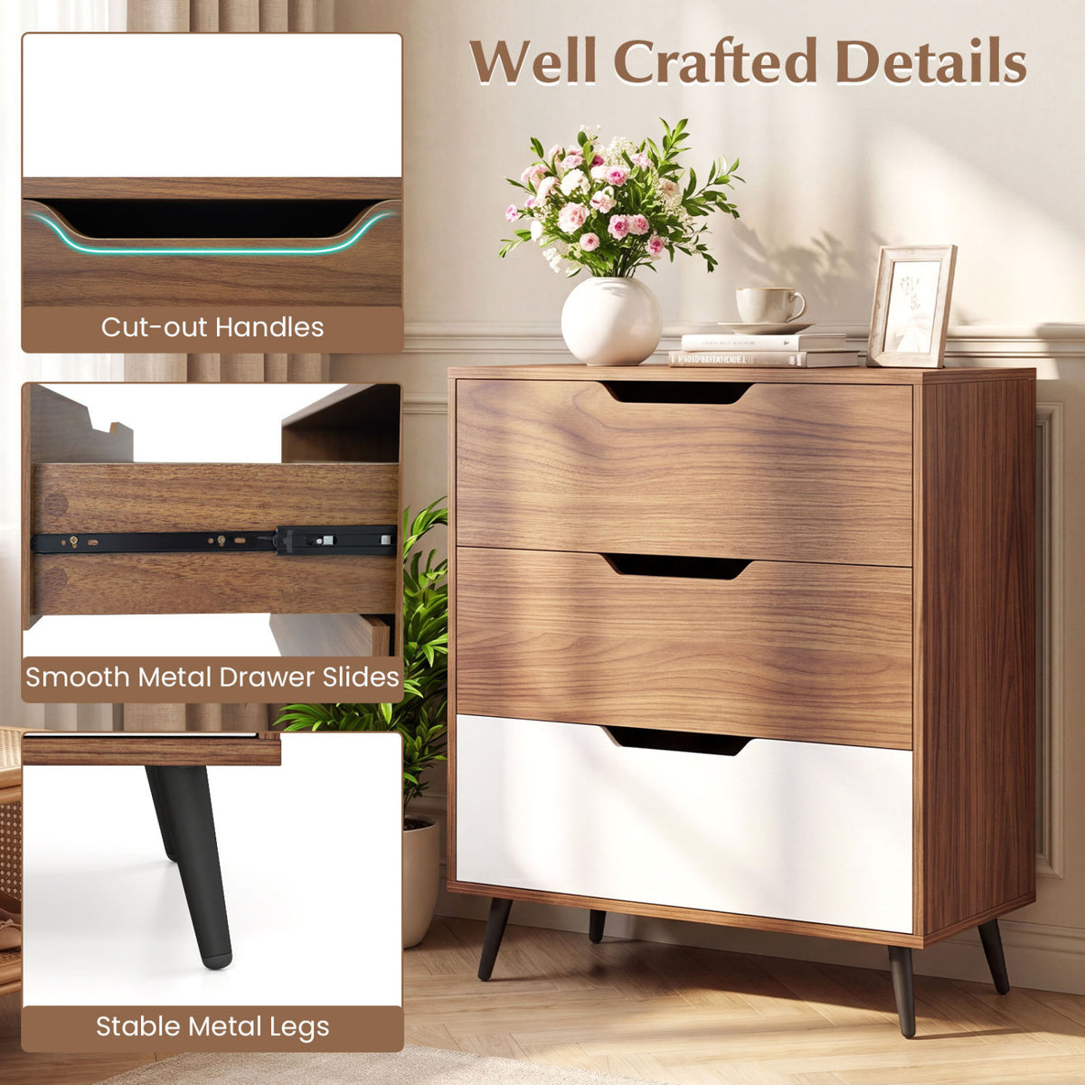3-Drawer Rustic Farmhouse Wooden Storage Dresser-Walnut view 7