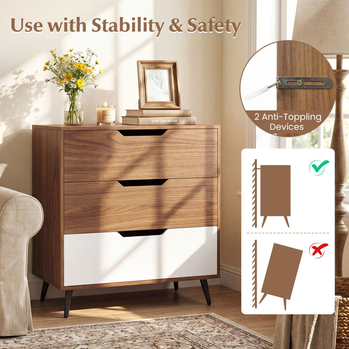 3-Drawer Rustic Farmhouse Wooden Storage Dresser-Walnut view 8
