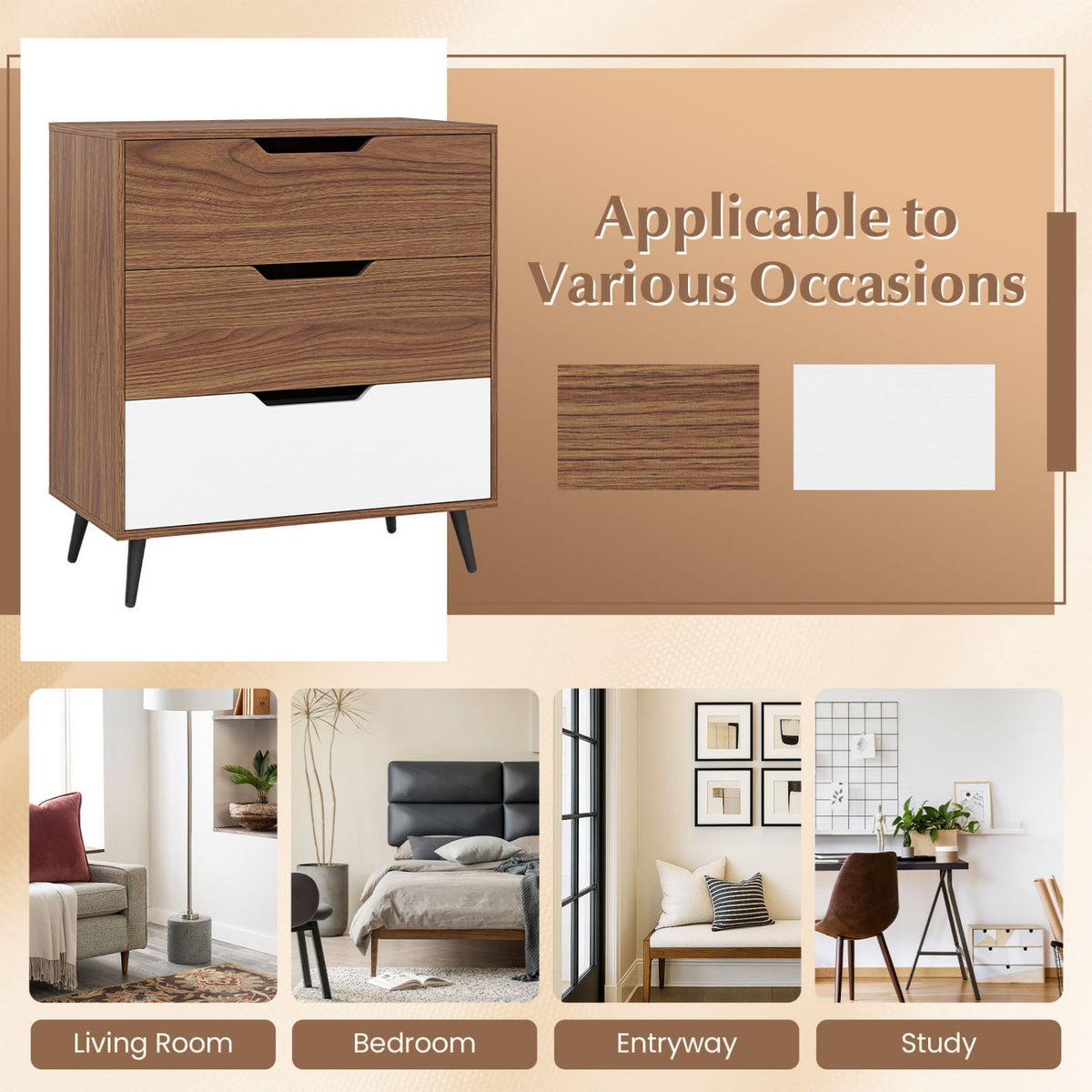 3-Drawer Rustic Farmhouse Wooden Storage Dresser-Walnut view 9
