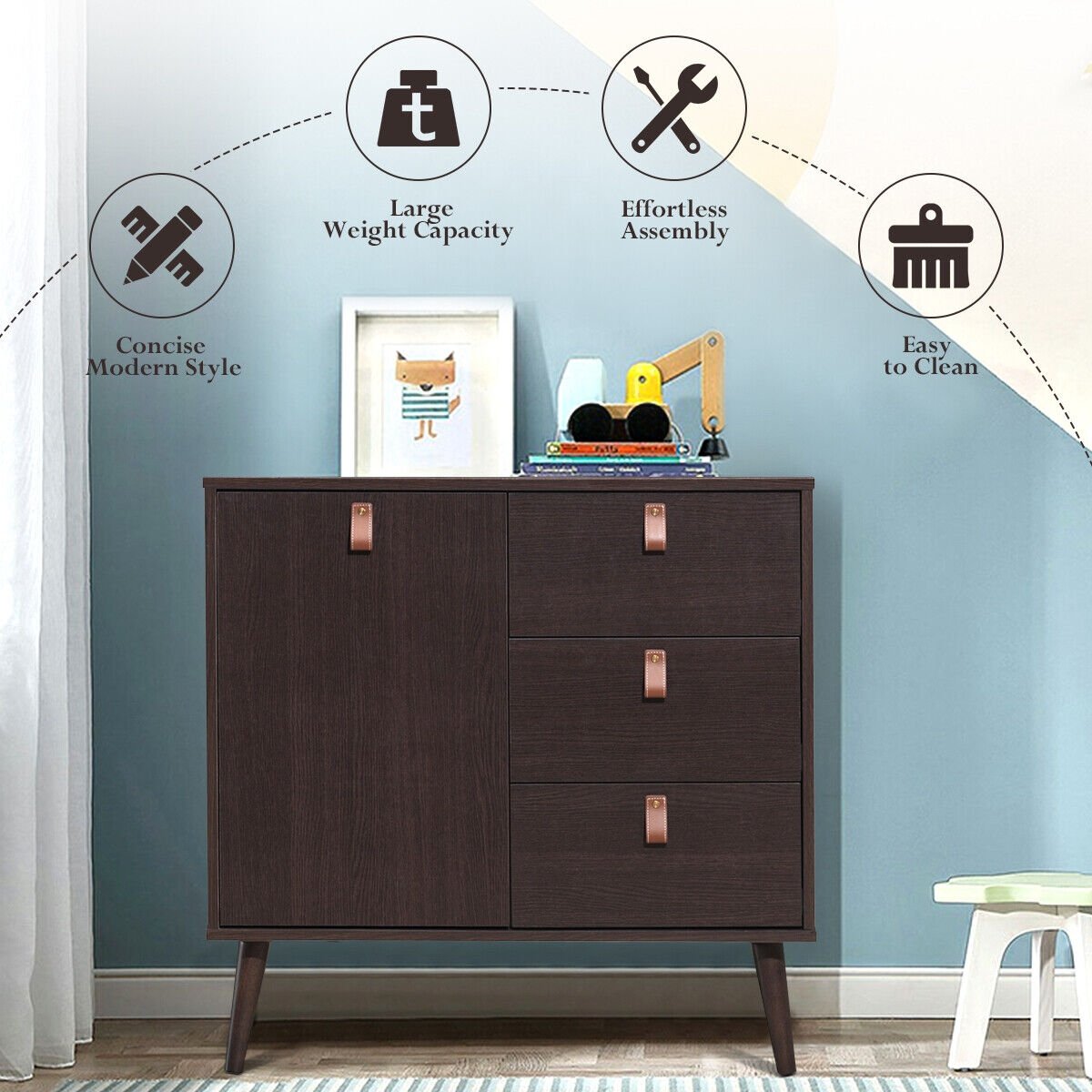 3-drawer Sideboard Storage Display Cabinet-Brown view 3