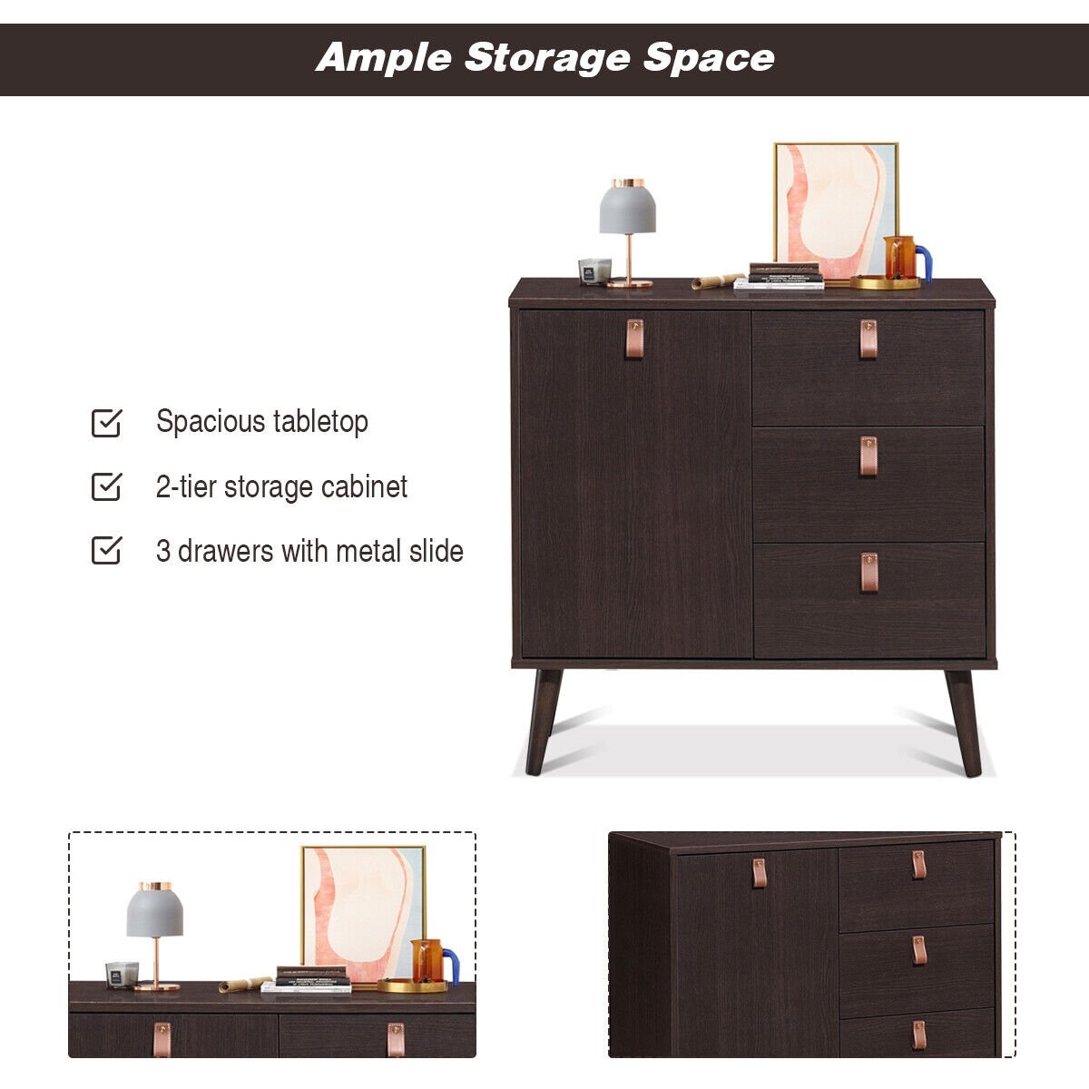 3-drawer Sideboard Storage Display Cabinet-Brown view 5