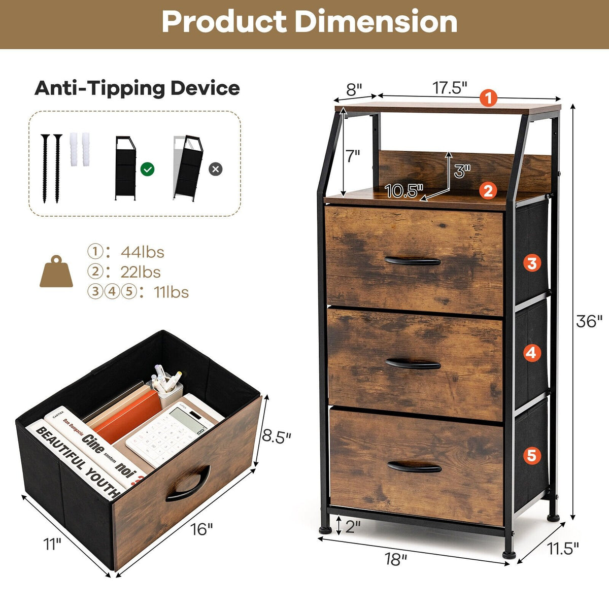 Freestanding Cabinet Dresser with Wooden Top Shelves-M view 5
