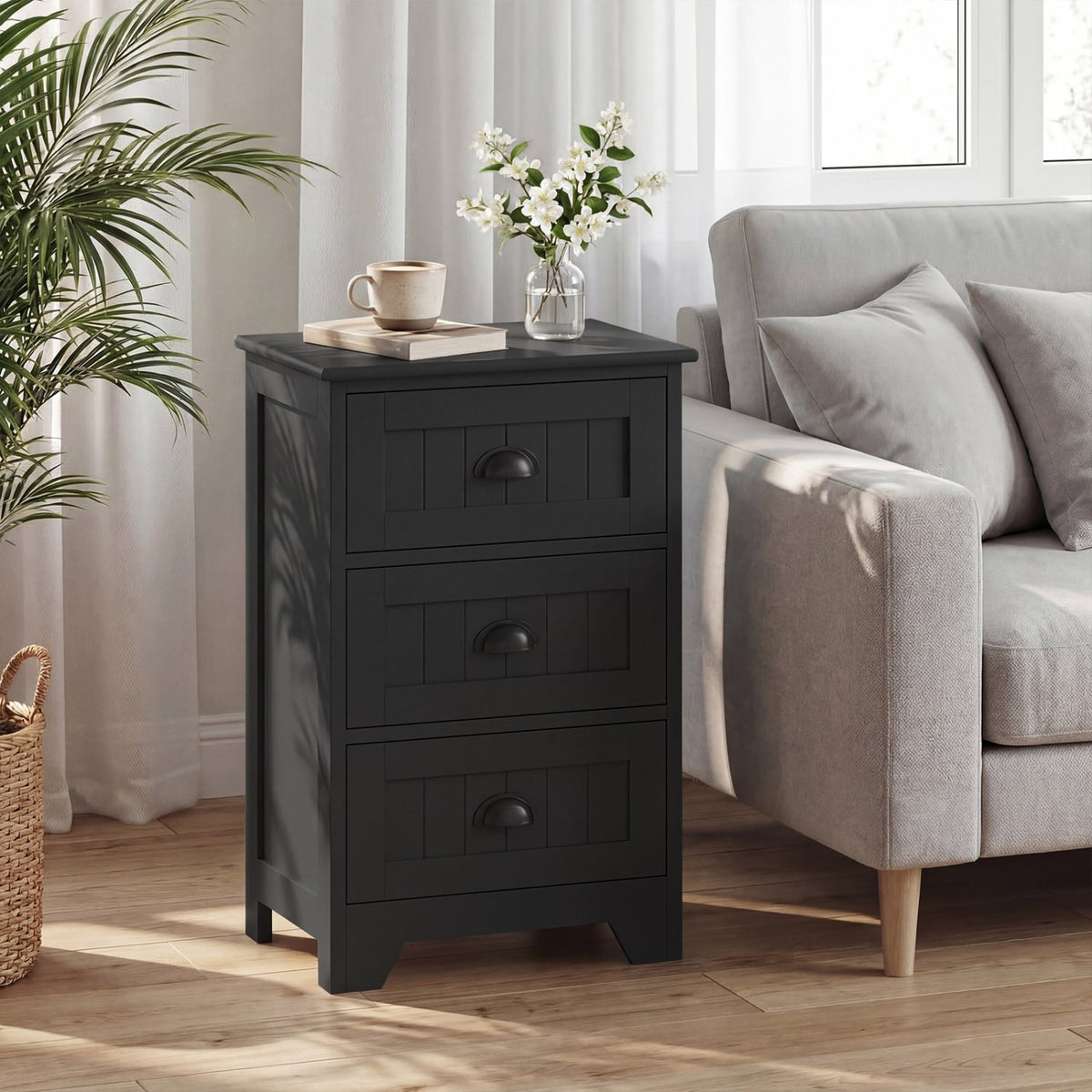 3 Drawers End Storage Wood Side Nightstand-Black view 2