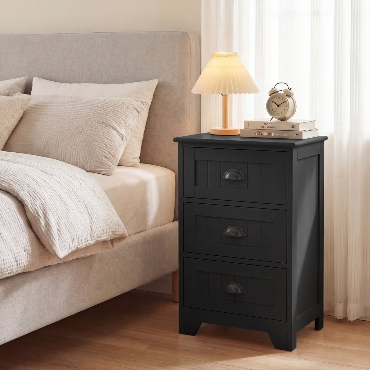 3 Drawers End Storage Wood Side Nightstand-Black view 3