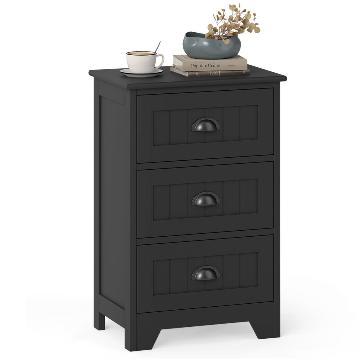 3 Drawers End Storage Wood Side Nightstand-Black view 4
